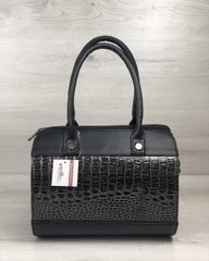 Женская сумка Маленький Саквояж черного цвета со вставкой серый лаковый крокодил (Арт. 32008) | 1 шт
