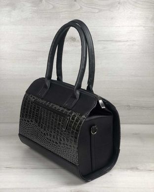 Жіноча сумка Маленький Саквояж чорного кольору зі вставкою сірий лаковий крокодил (Арт. 32008) | 1 шт